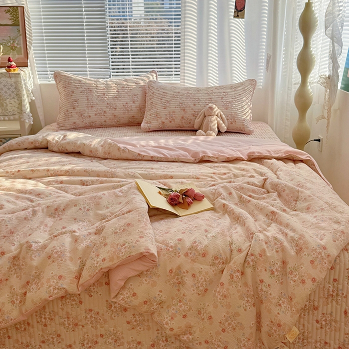 91家纺网 家纺一手货源 找家纺 玉海棠家纺 2026新款A类云感双层纱7A抗菌夏被夏凉被空调被四件套 灿烂花开