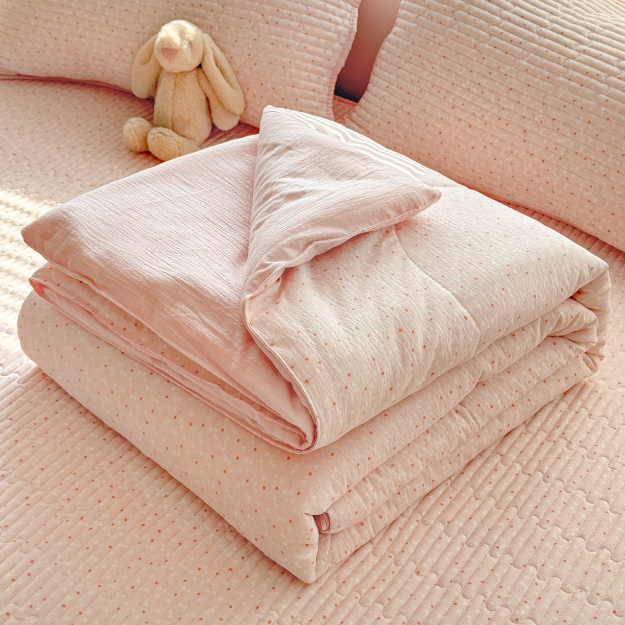 玉海棠家纺 2026新款A类云感双层纱7A抗菌夏被夏凉被空调被四件套 粉波点