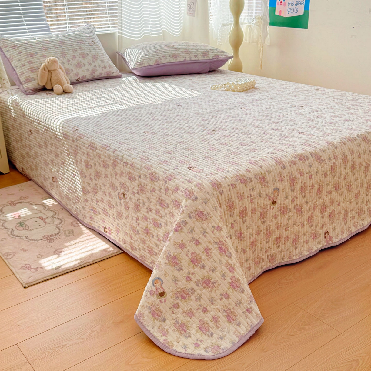 91家纺网 家纺一手货源 找家纺 玉海棠家纺 2026新款A类云感双层纱7A抗菌夏被夏凉被空调被四件套 花园女孩