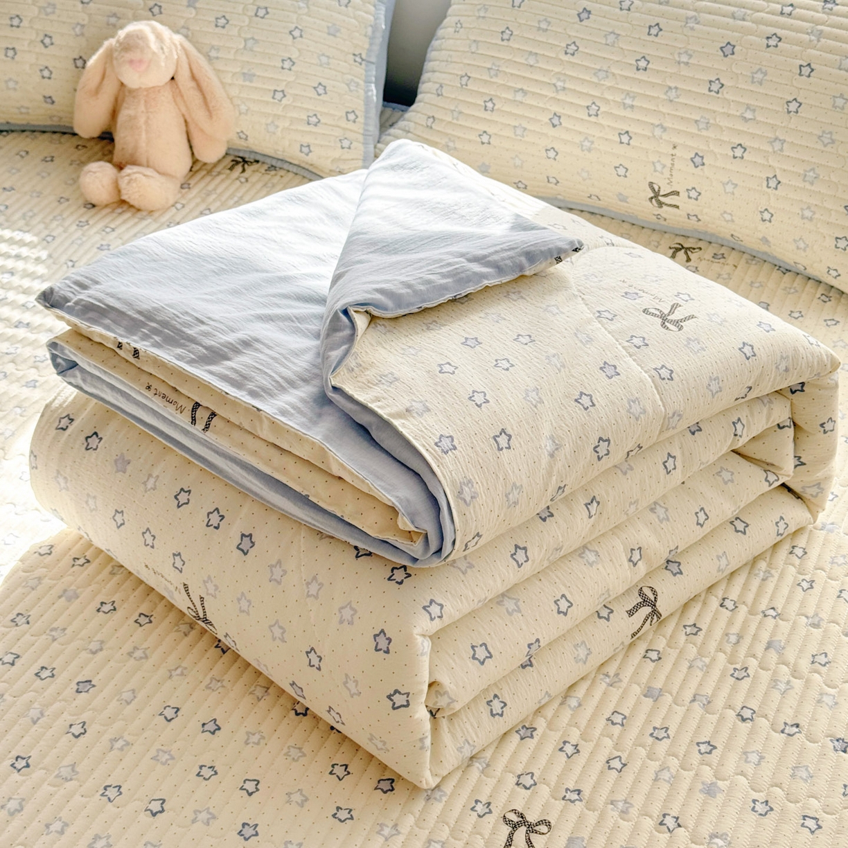 玉海棠家纺 2026新款A类云感双层纱7A抗菌夏被夏凉被空调被四件套 蓝色星星