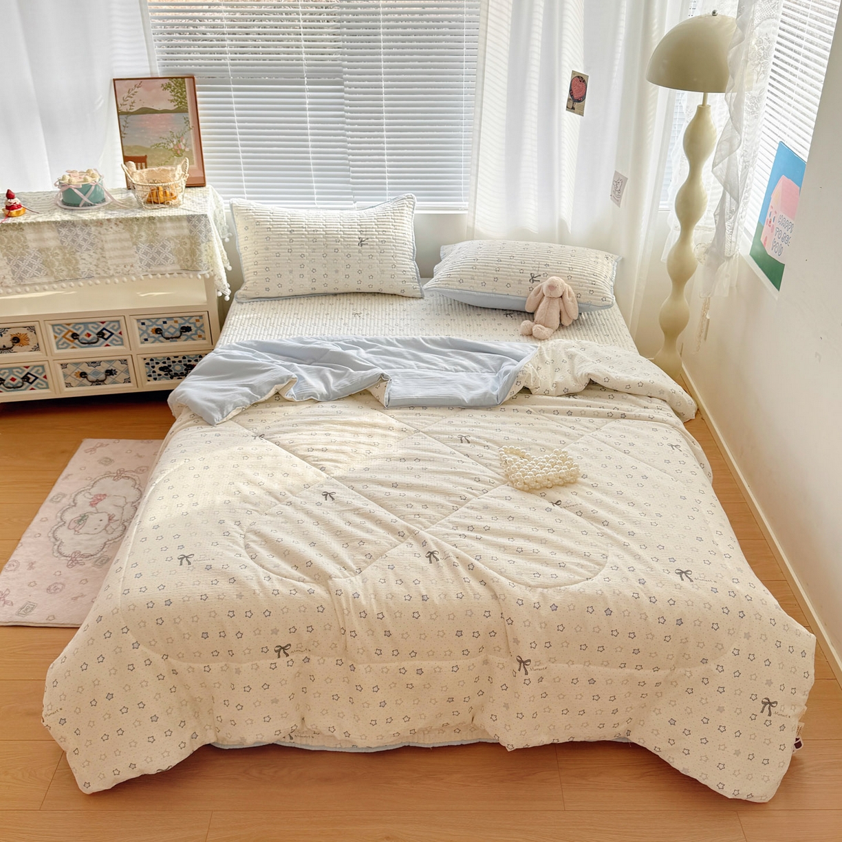 91家纺网 家纺一手货源 找家纺 玉海棠家纺 2026新款A类云感双层纱7A抗菌夏被夏凉被空调被四件套 蓝色星星