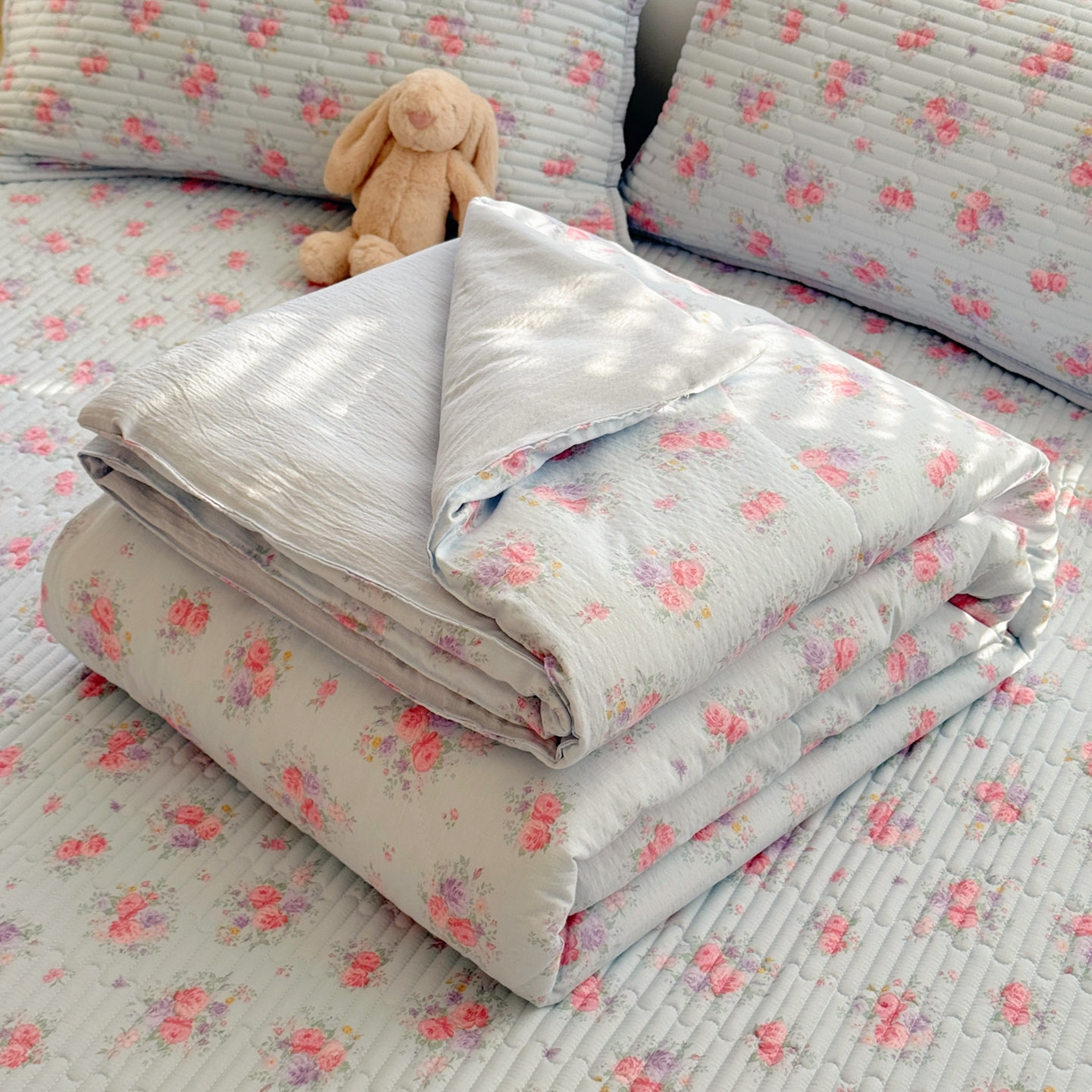 玉海棠家纺 2026新款A类云感双层纱7A抗菌夏被夏凉被空调被四件套 蓝屿花室