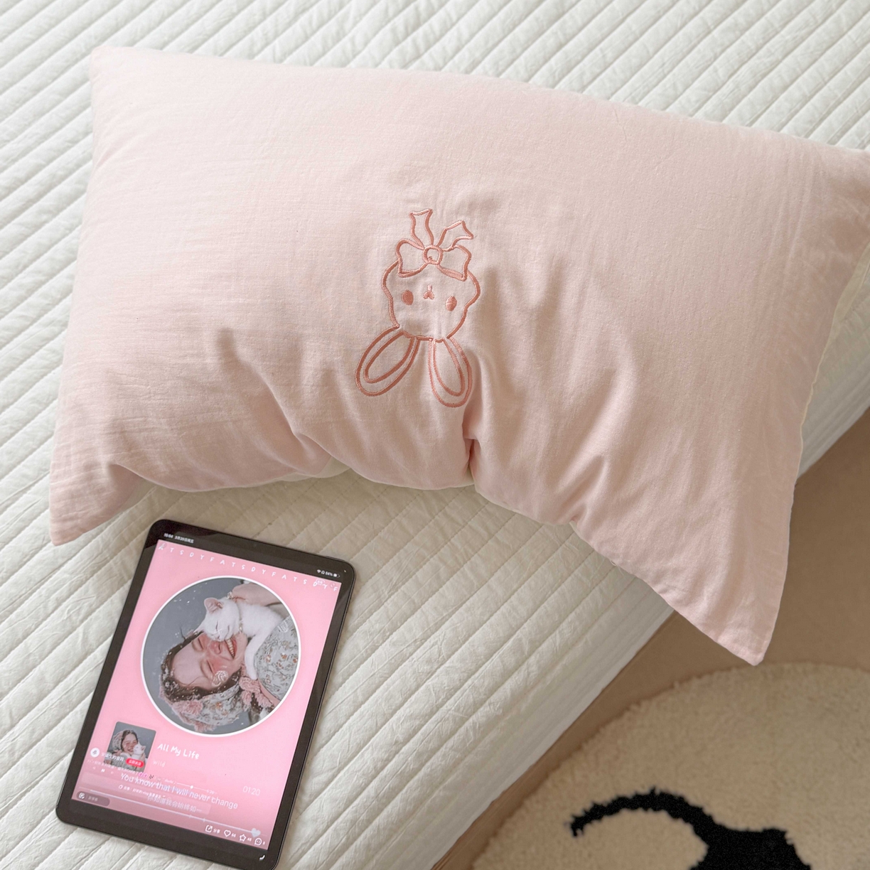 91家纺网 家纺一手货源 找家纺 FORTWO家纺原创设计（FOR TWO家纺） 2026新款双层纱单品枕套单枕套枕套单件 线条兔