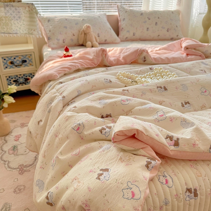 91家纺网 家纺一手货源 找家纺 玉海棠家纺 2026新款A类云感双层纱7A抗菌夏被夏凉被空调被四件套 萌宠集合