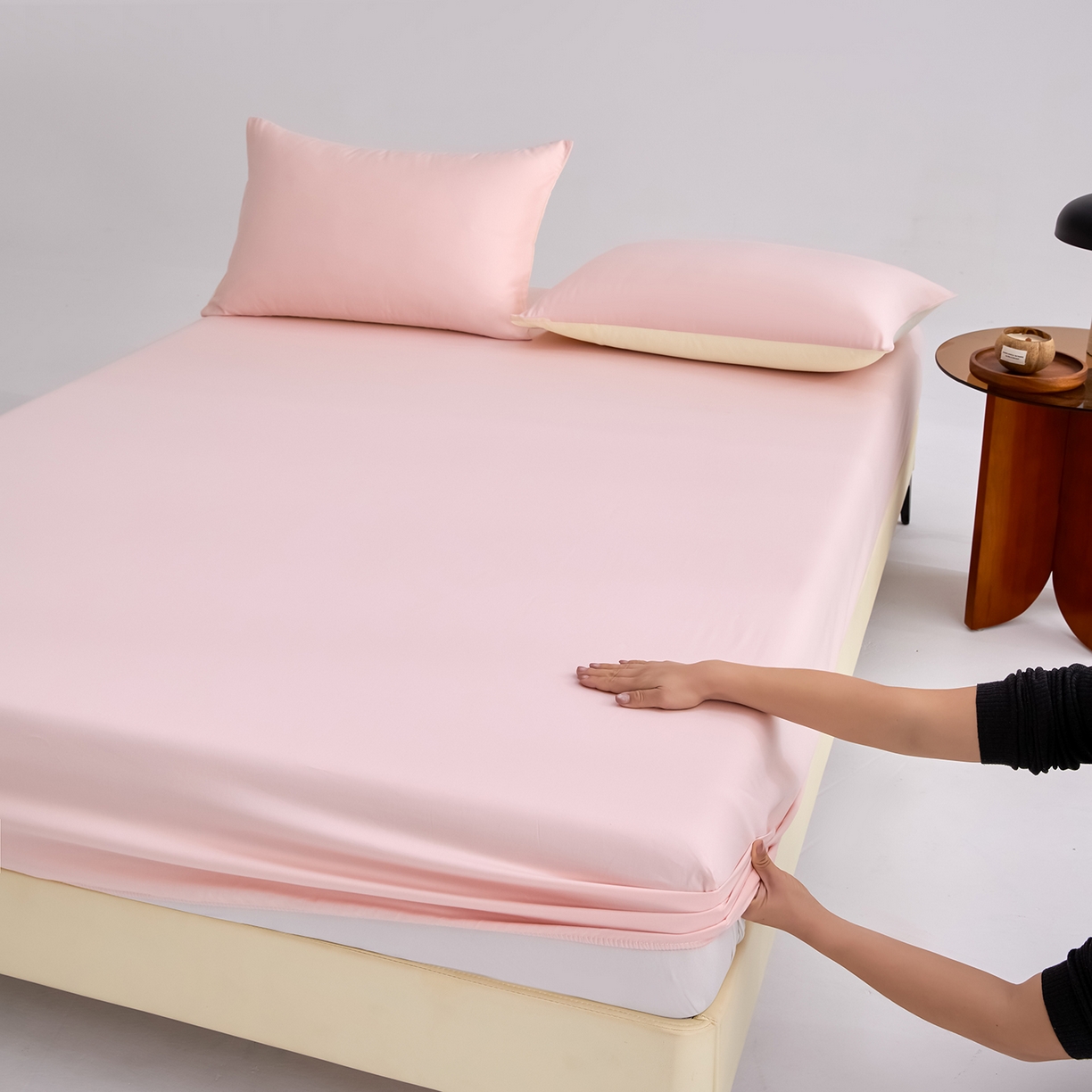 合欢（原天一阁） 2026新款50s双股长绒棉全棉纯棉床笠三件套 暖心粉