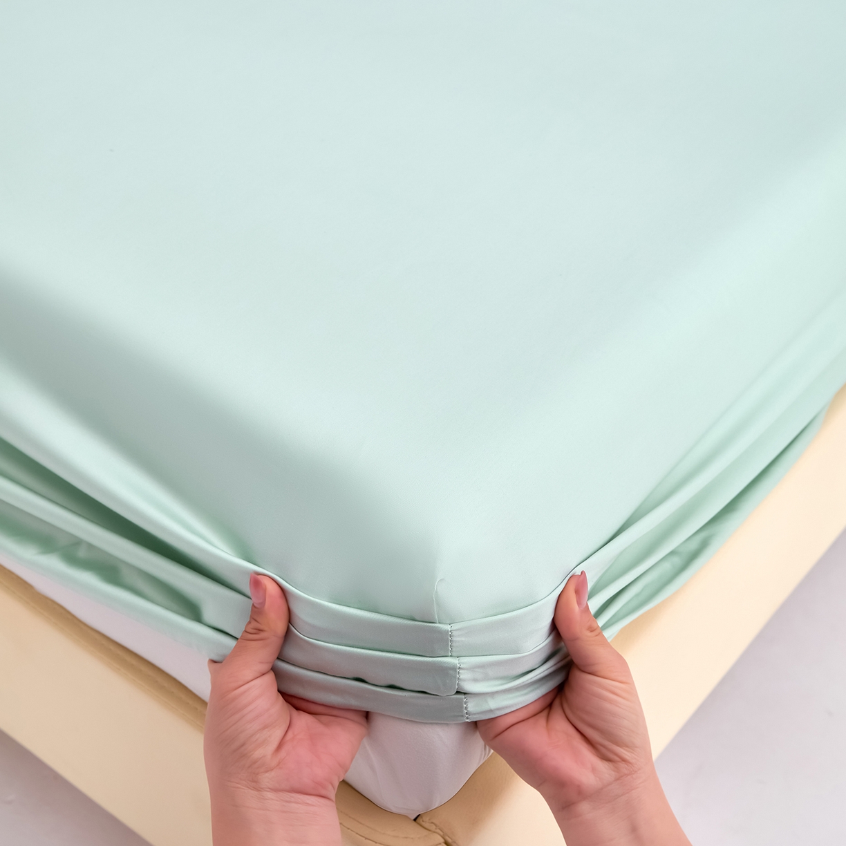 91家纺网 家纺一手货源 找家纺 合欢（原天一阁） 2026新款50s双股长绒棉全棉纯棉床笠三件套 青柠绿