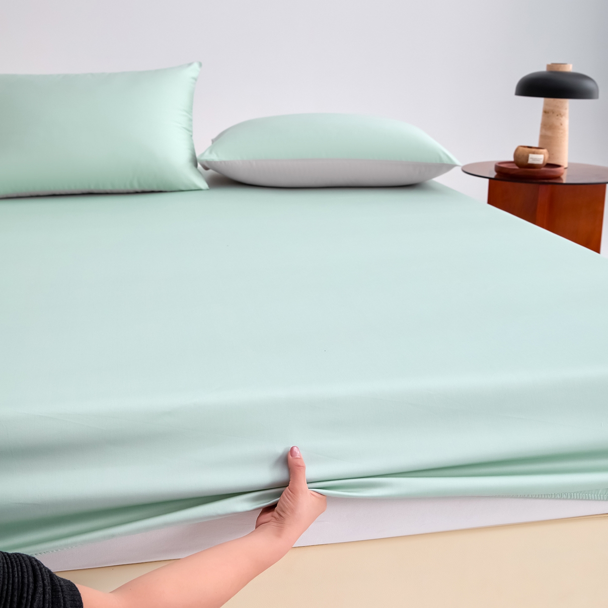 91家纺网 家纺一手货源 找家纺 合欢（原天一阁） 2026新款50s双股长绒棉全棉纯棉床笠三件套 青柠绿