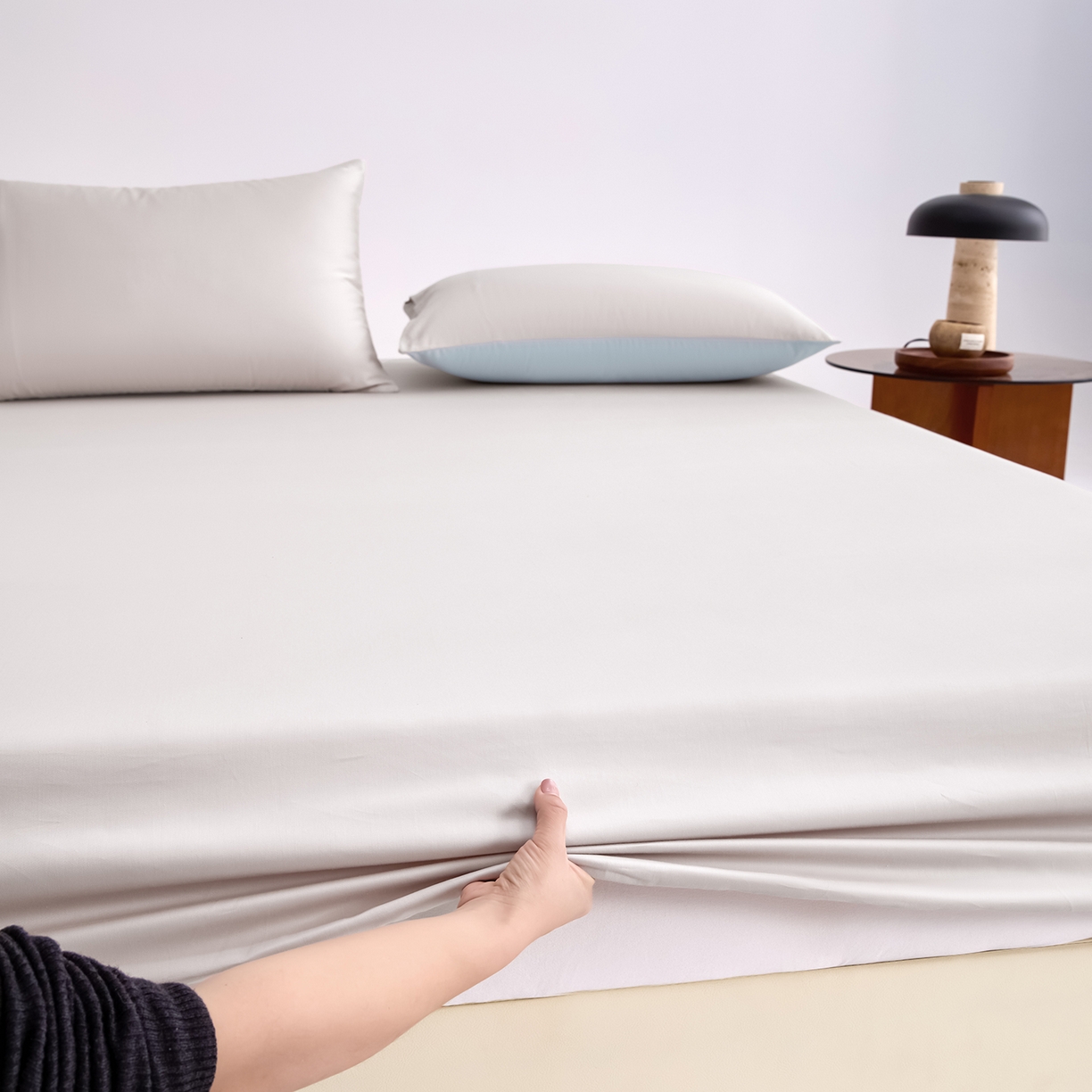 91家纺网 家纺一手货源 找家纺 合欢（原天一阁） 2026新款50s双股长绒棉全棉纯棉床笠三件套 银竹灰