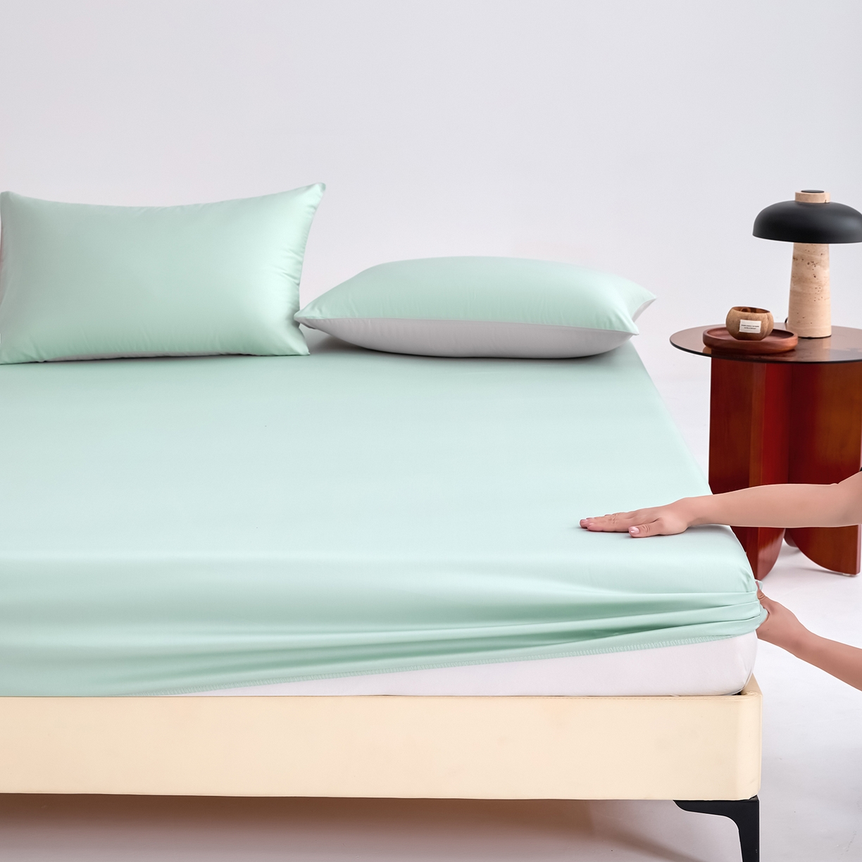 91家纺网 家纺一手货源 找家纺 合欢（原天一阁） 2026新款50s双股长绒棉全棉纯棉床笠三件套 青柠绿