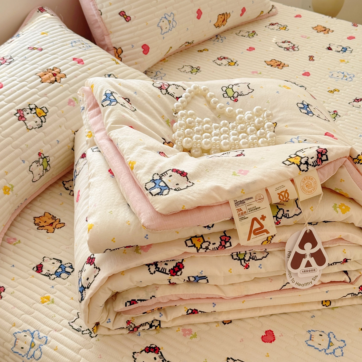 91家纺网 家纺一手货源 找家纺 玉海棠家纺 2026新款A类云感双层纱7A抗菌夏被夏凉被空调被四件套 小猫咪