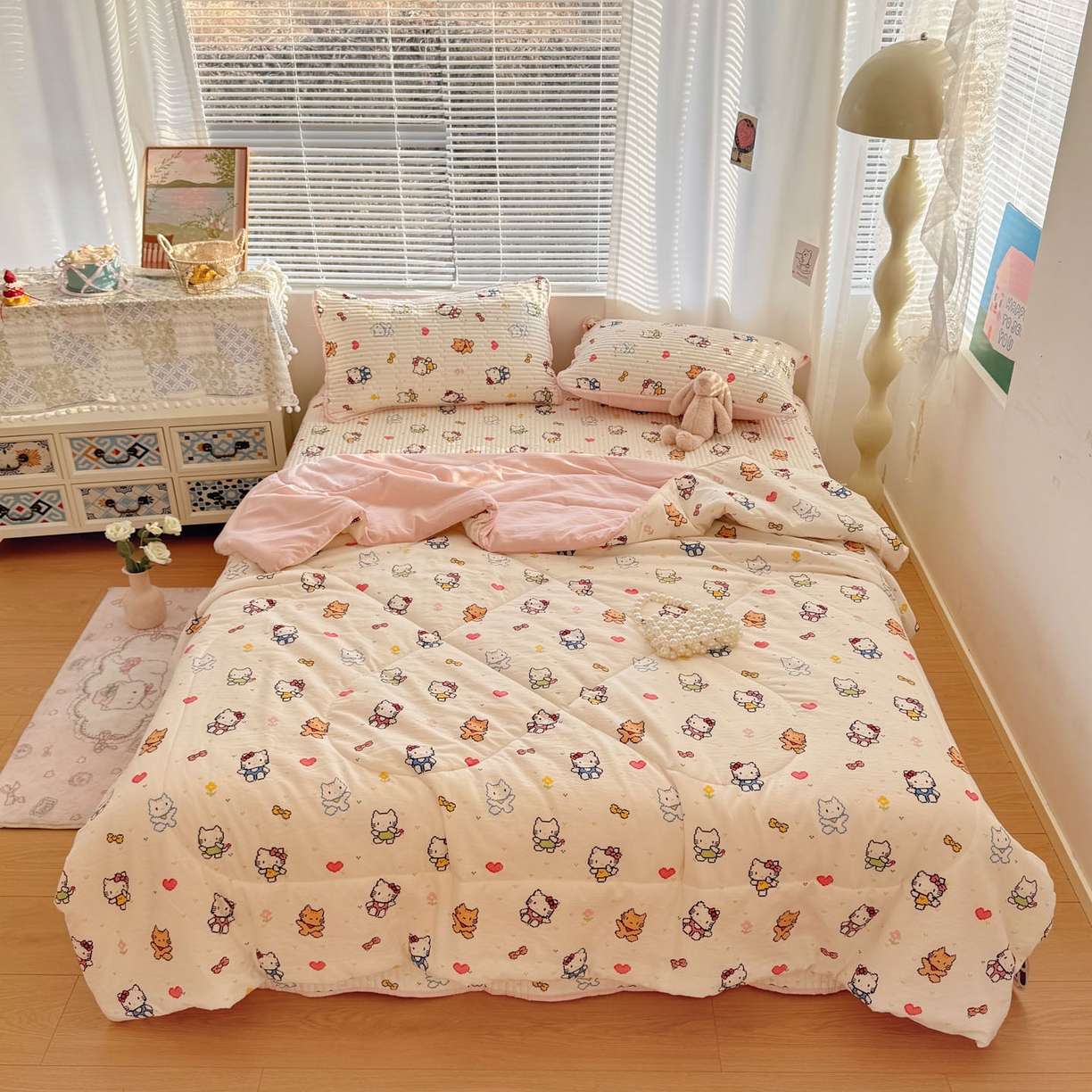 91家纺网 家纺一手货源 找家纺 玉海棠家纺 2026新款A类云感双层纱7A抗菌夏被夏凉被空调被四件套 小猫咪