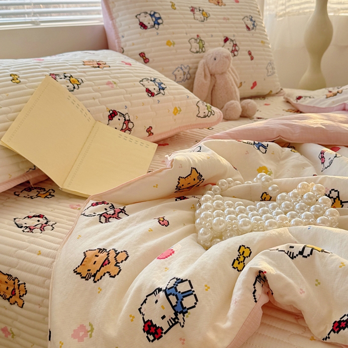 91家纺网 家纺一手货源 找家纺 玉海棠家纺 2026新款A类云感双层纱7A抗菌夏被夏凉被空调被四件套 小猫咪