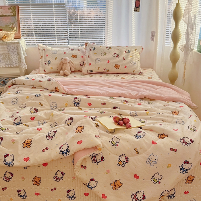 91家纺网 家纺一手货源 找家纺 玉海棠家纺 2026新款A类云感双层纱7A抗菌夏被夏凉被空调被四件套 小猫咪