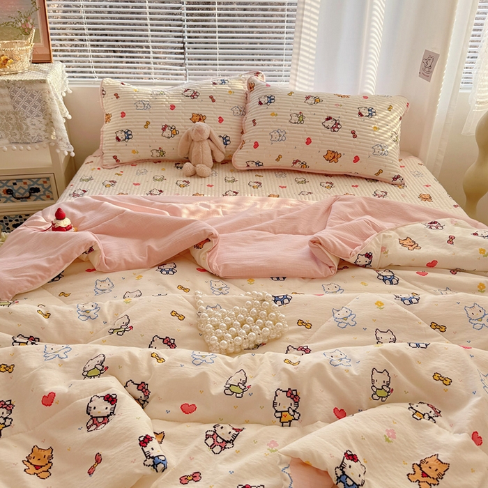 91家纺网 家纺一手货源 找家纺 玉海棠家纺 2026新款A类云感双层纱7A抗菌夏被夏凉被空调被四件套 小猫咪