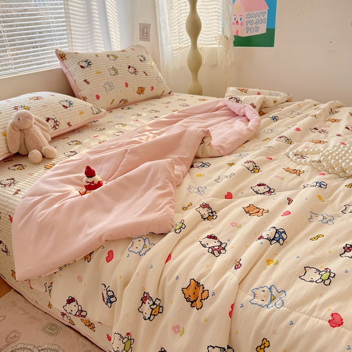 91家纺网 家纺一手货源 找家纺 玉海棠家纺 2026新款A类云感双层纱7A抗菌夏被夏凉被空调被四件套 小猫咪