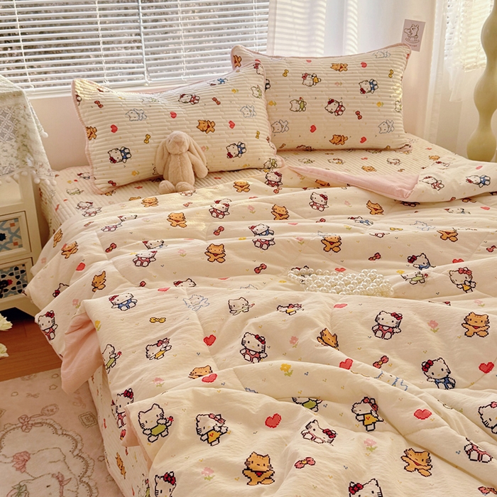 91家纺网 家纺一手货源 找家纺 玉海棠家纺 2026新款A类云感双层纱7A抗菌夏被夏凉被空调被四件套 小猫咪