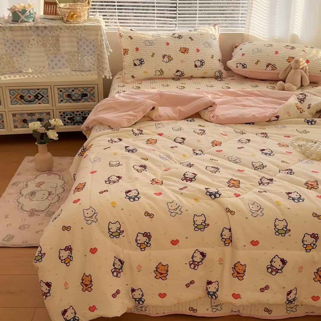 91家纺网 家纺一手货源 找家纺 玉海棠家纺 2026新款A类云感双层纱7A抗菌夏被夏凉被空调被四件套 小猫咪