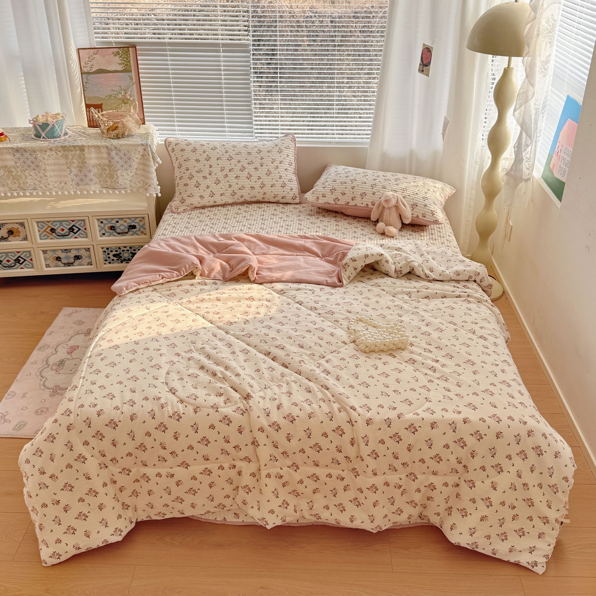 91家纺网 家纺一手货源 找家纺 玉海棠家纺 2026新款A类云感双层纱7A抗菌夏被夏凉被空调被四件套 杏花灿烂