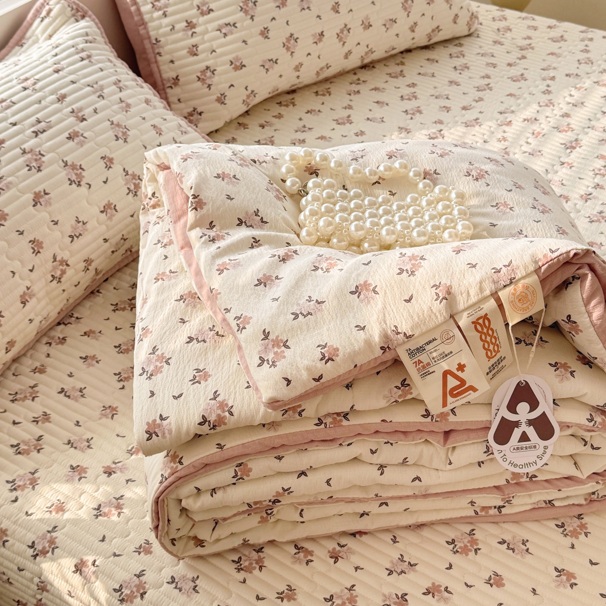 91家纺网 家纺一手货源 找家纺 玉海棠家纺 2026新款A类云感双层纱7A抗菌夏被夏凉被空调被四件套 杏花灿烂