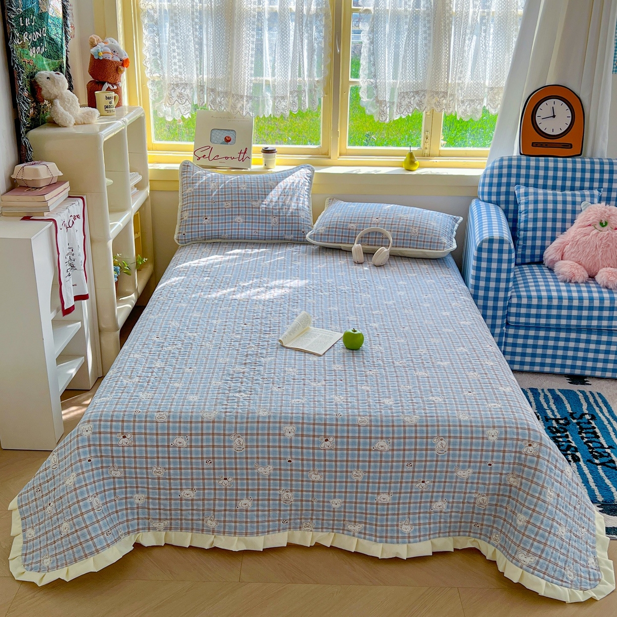 91家纺网 家纺一手货源 找家纺 （总）优雅星家纺 2026新款双层纱四季通用花边床盖单件加厚夹棉皱皱纱花边床单三件泡泡纱学生床长期有货