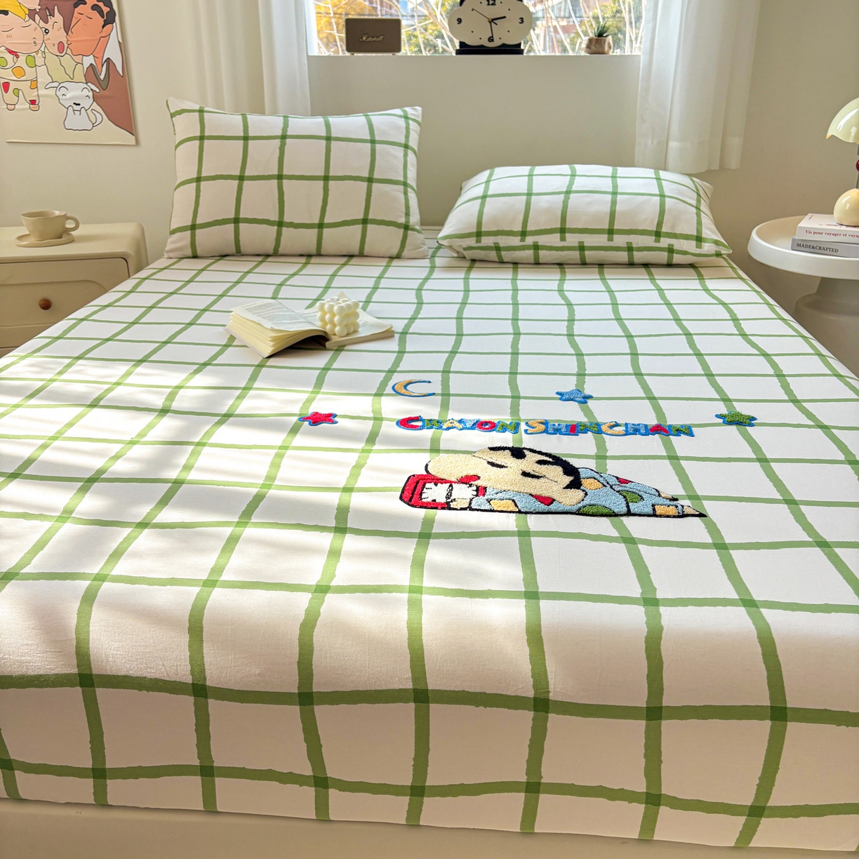 91家纺网 家纺一手货源 找家纺 居眠 2026新款全棉刺绣蜡笔小新床笠 绿格-小新