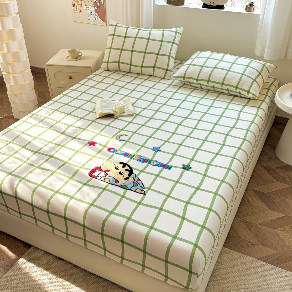 居眠 2026新款全棉刺绣蜡笔小新床笠 绿格-小新