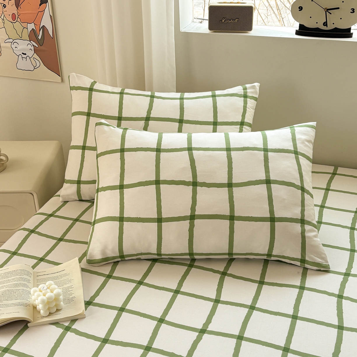 91家纺网 家纺一手货源 找家纺 居眠 2026新款全棉刺绣蜡笔小新枕套 绿格-小新