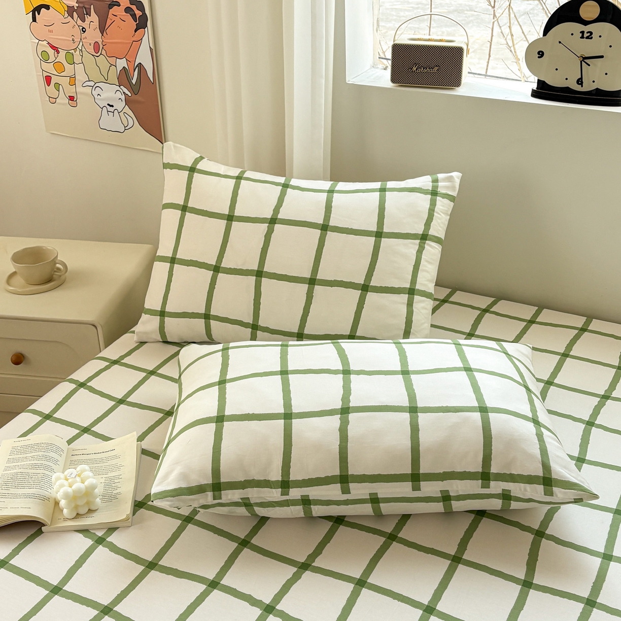 居眠 2026新款全棉刺绣蜡笔小新枕套 绿格-小新