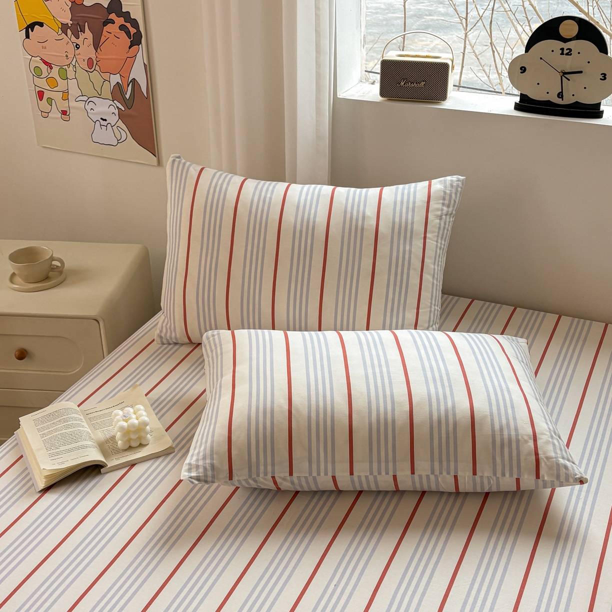 居眠 2026新款全棉刺绣蜡笔小新枕套 兰红细条纹-小新
