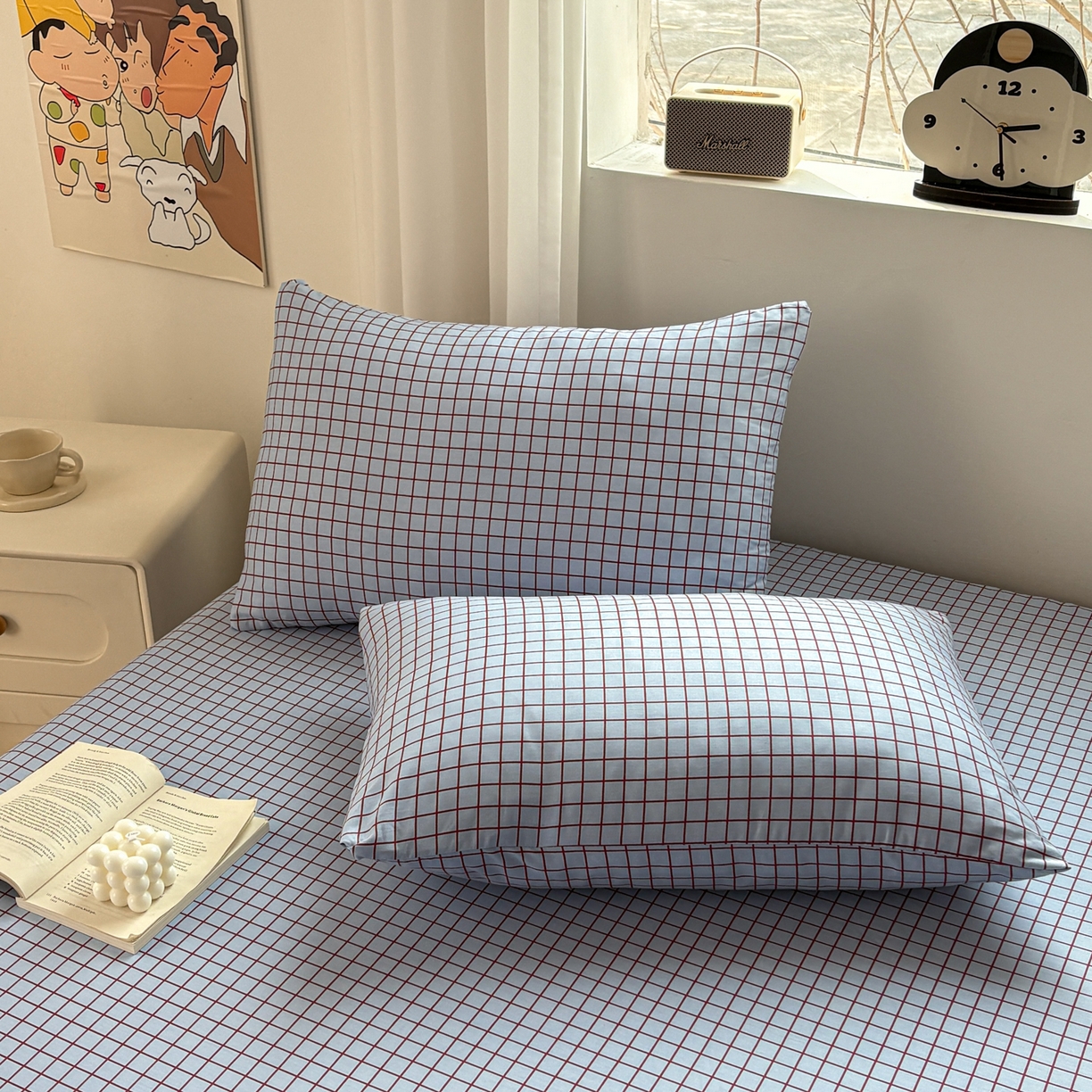 居眠 2026新款全棉刺绣蜡笔小新枕套 细格灰蓝-小新