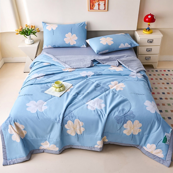 91家纺网 家纺一手货源 找家纺 紫乐家纺 2026春夏新款100%新疆棉花里外全棉夏被夏凉被空调被 四叶草-蓝