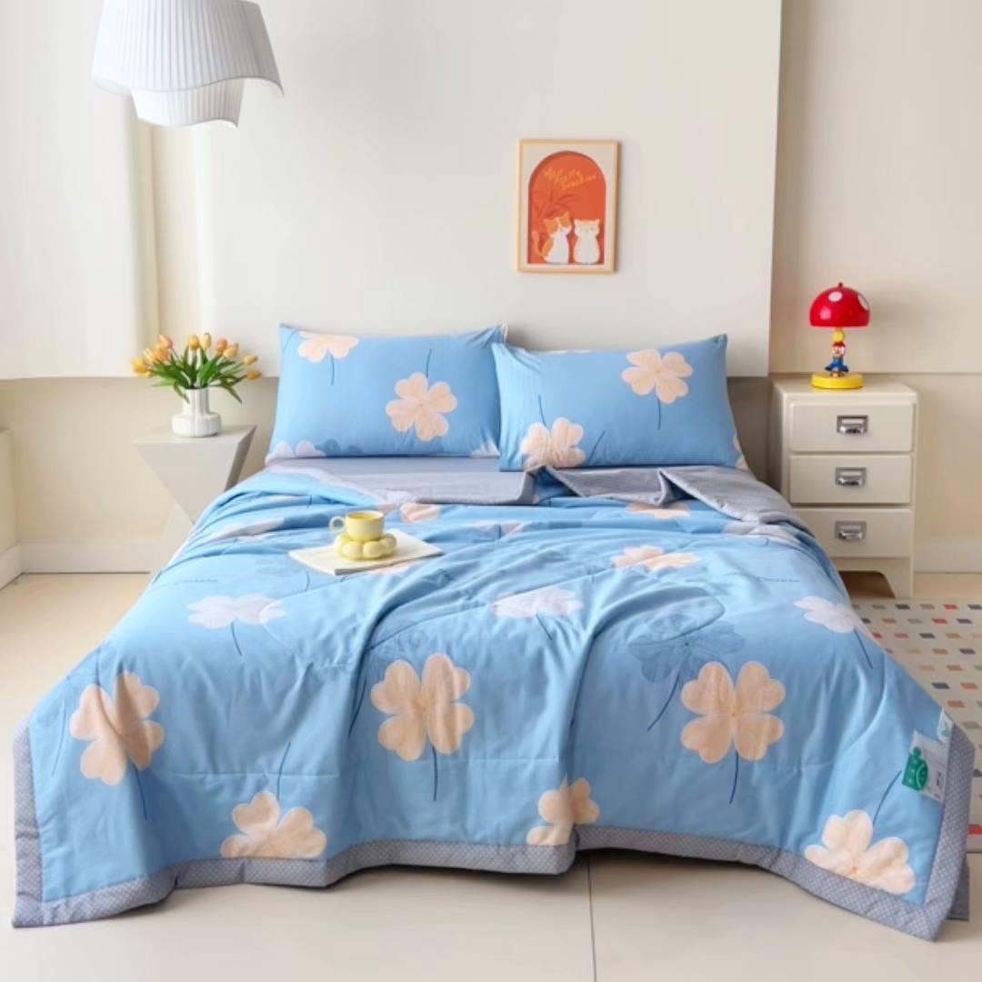 91家纺网 家纺一手货源 找家纺 紫乐家纺 2026春夏新款100%新疆棉花里外全棉夏被夏凉被空调被 四叶草-蓝