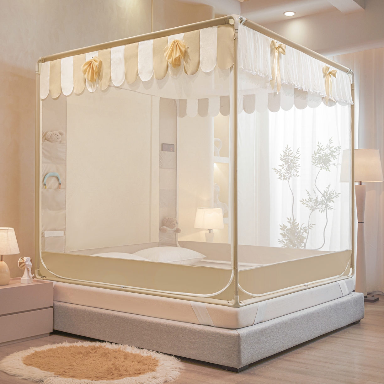 91家纺网 家纺一手货源 找家纺 （总）富莱星蚊帐 2026新款双丝加厚网纱坐床蚊帐大力士围栏擎天柱支架-花样年华