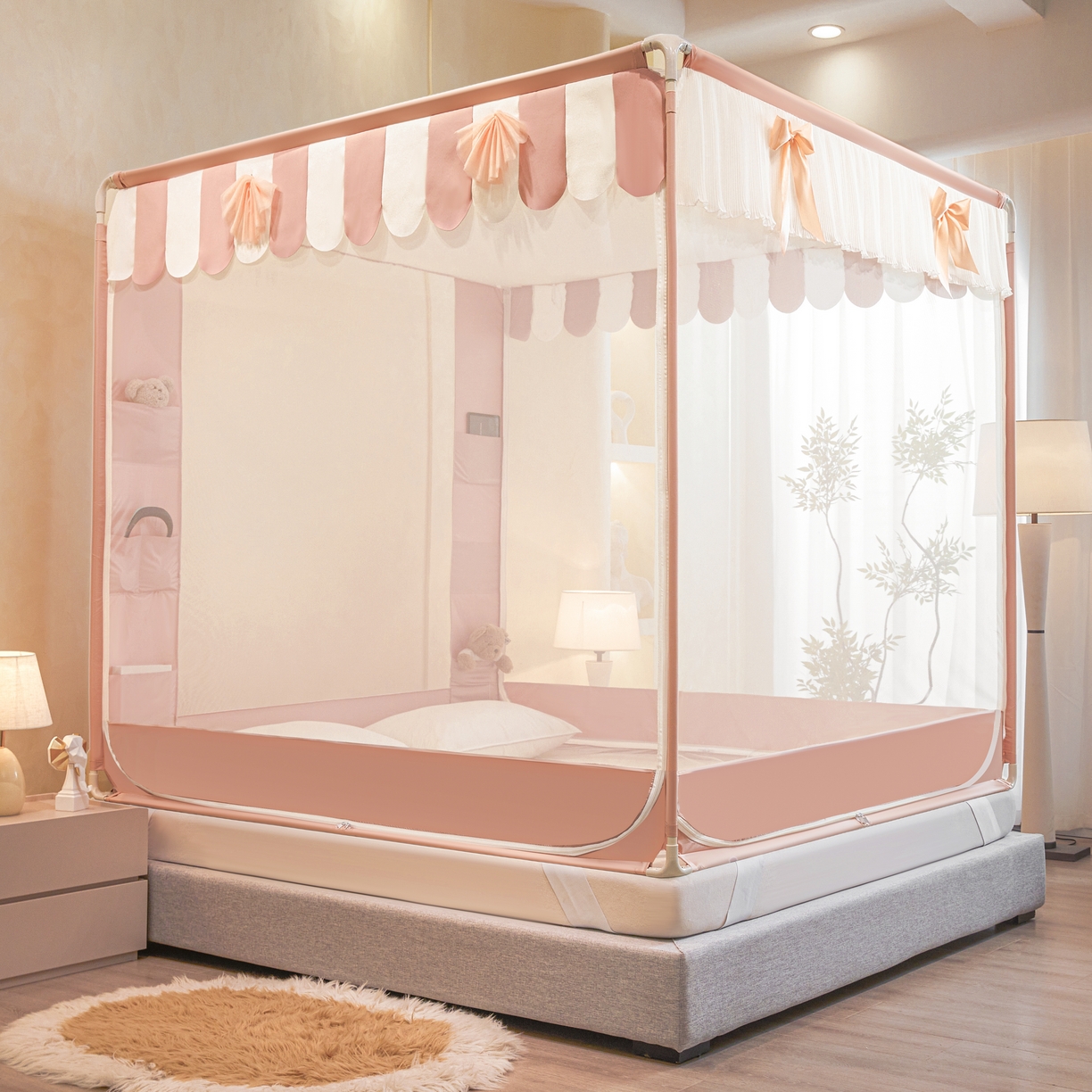 91家纺网 家纺一手货源 找家纺 （总）富莱星蚊帐 2026新款双丝加厚网纱坐床蚊帐大力士围栏擎天柱支架-花样年华