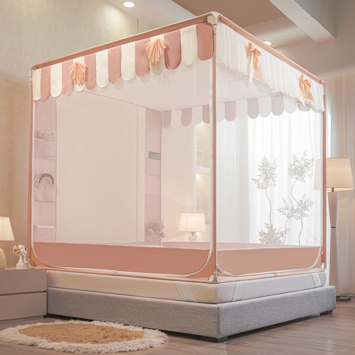 91家纺网 家纺一手货源 找家纺 （总）富莱星蚊帐 2026新款双丝加厚网纱坐床蚊帐大力士围栏擎天柱支架-花样年华