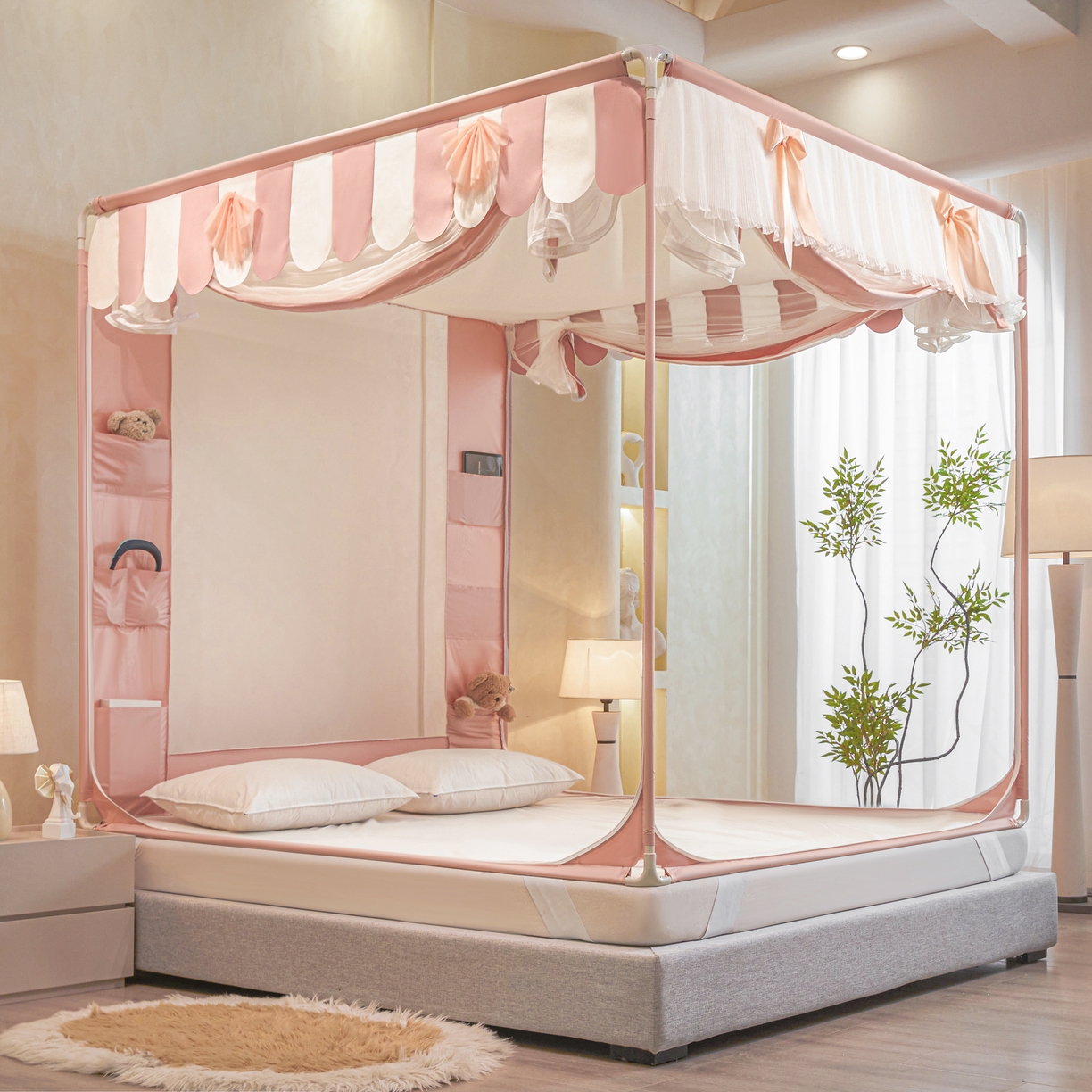 91家纺网 家纺一手货源 找家纺 富莱星蚊帐 2026新款双丝加厚网纱坐床蚊帐大力士围栏擎天柱支架-花样年华 花样年华-玉