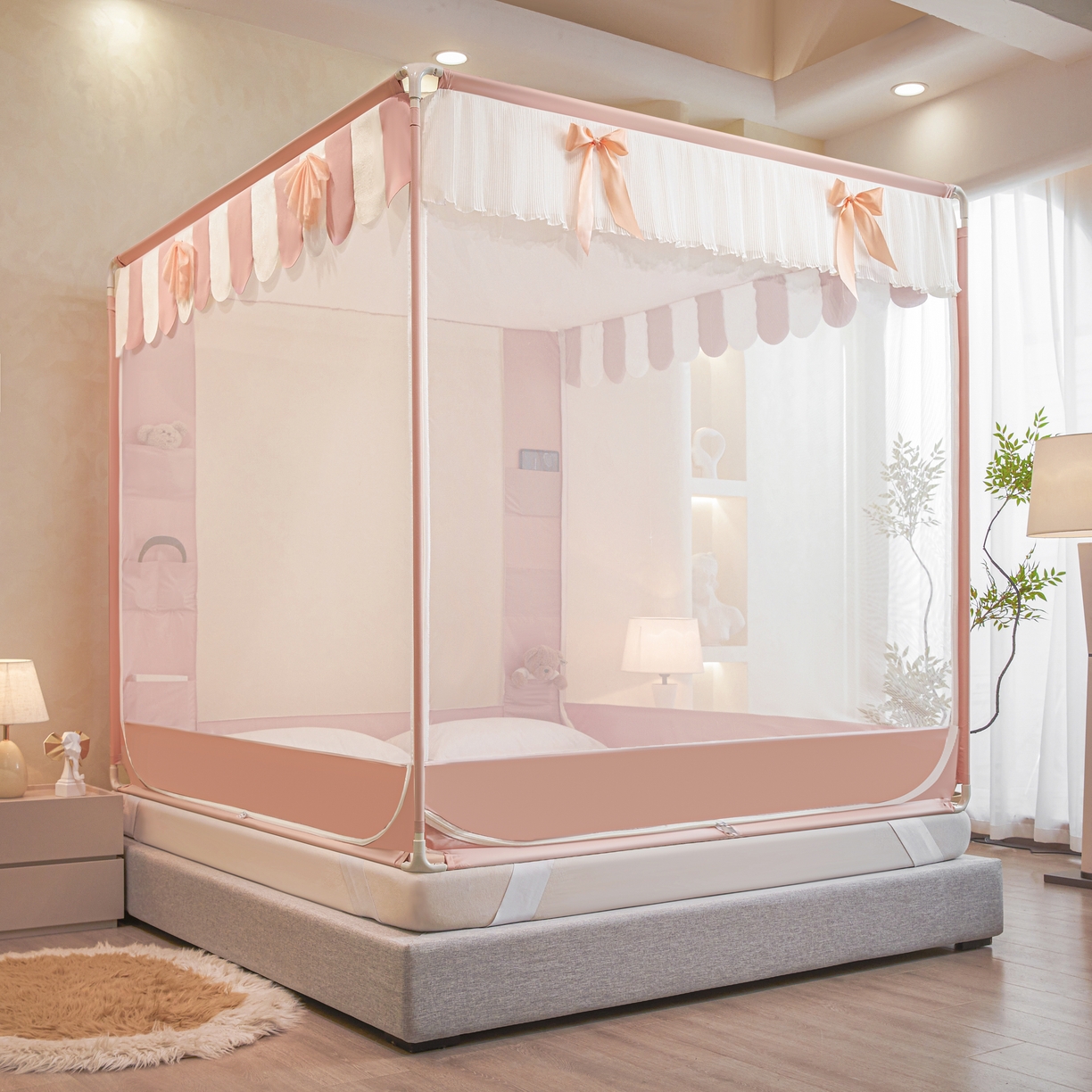 91家纺网 家纺一手货源 找家纺 富莱星蚊帐 2026新款双丝加厚网纱坐床蚊帐大力士围栏擎天柱支架-花样年华 花样年华-玉