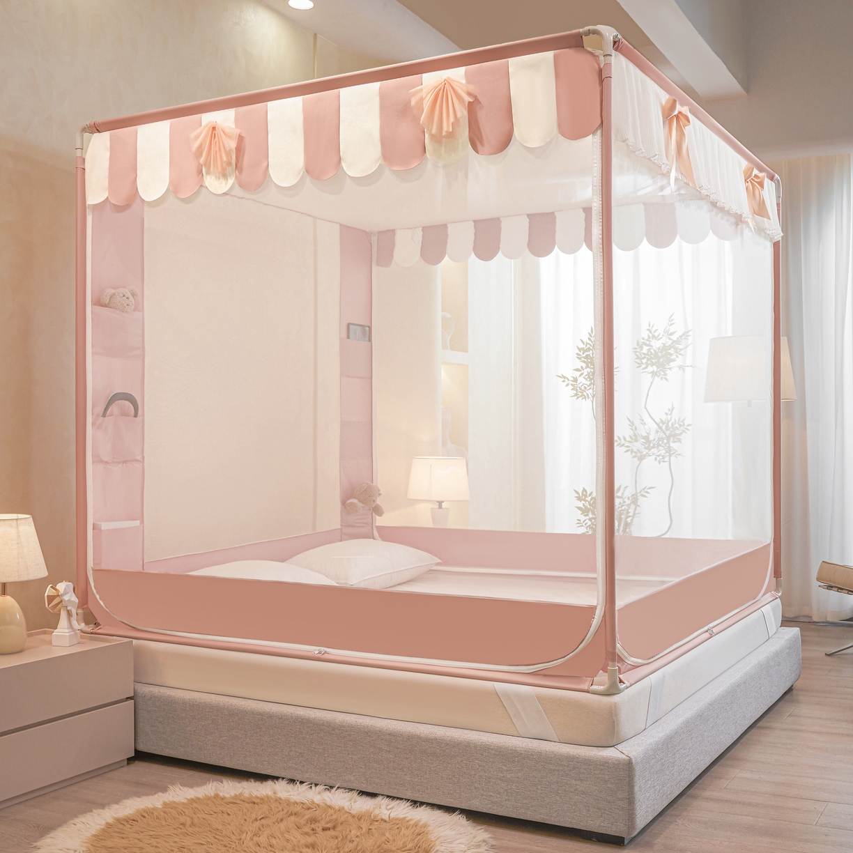 91家纺网 家纺一手货源 找家纺 富莱星蚊帐 2026新款双丝加厚网纱坐床蚊帐大力士围栏擎天柱支架-花样年华 花样年华-玉