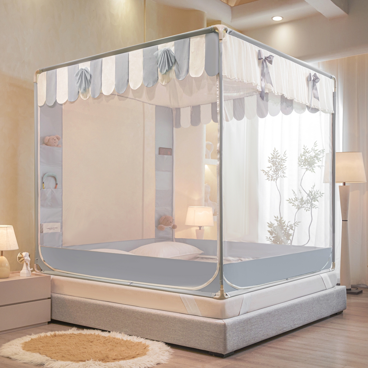 91家纺网 家纺一手货源 找家纺 富莱星蚊帐 2026新款双丝加厚网纱坐床蚊帐大力士围栏擎天柱支架-花样年华 花样年华-灰