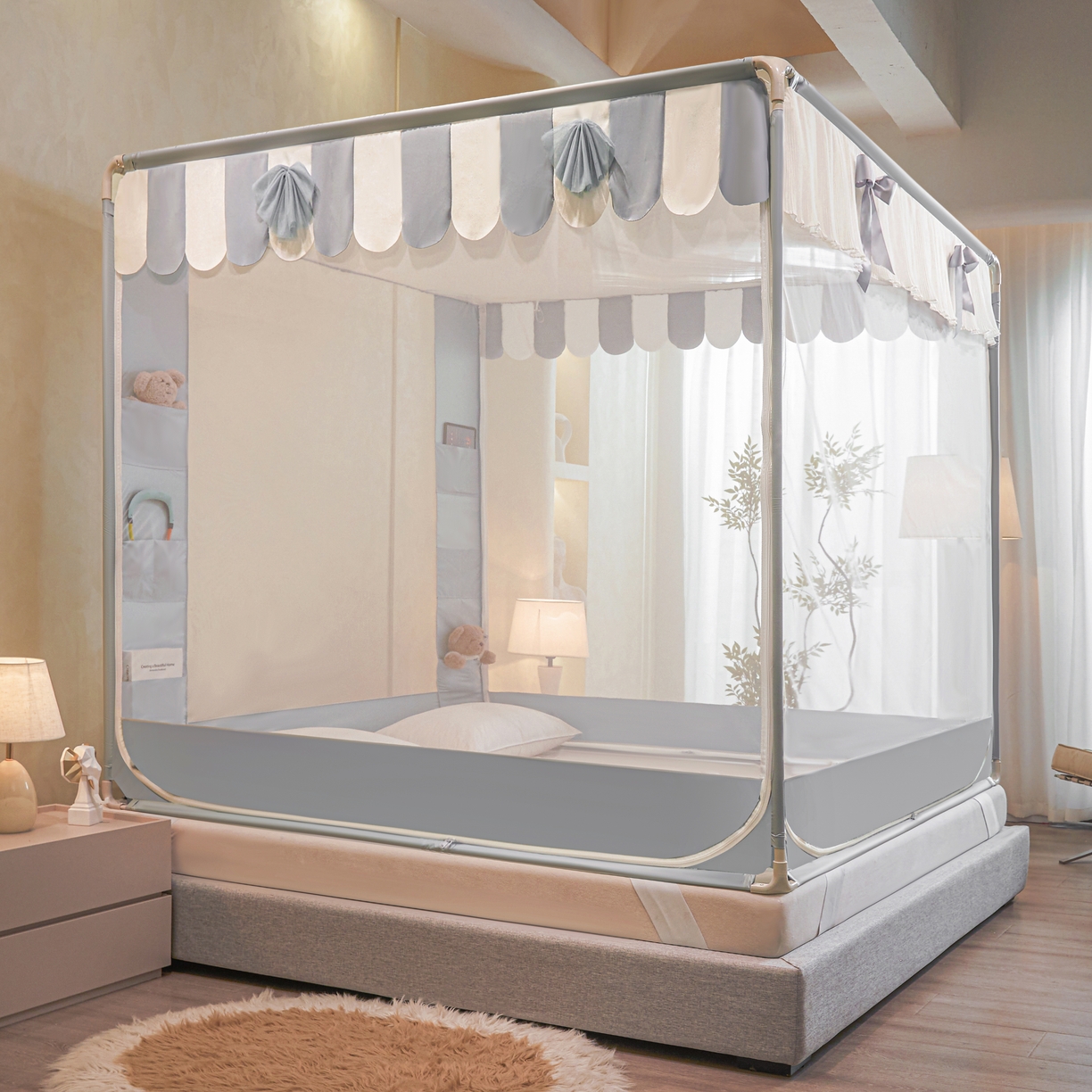 91家纺网 家纺一手货源 找家纺 富莱星蚊帐 2026新款双丝加厚网纱坐床蚊帐大力士围栏擎天柱支架-花样年华 花样年华-灰