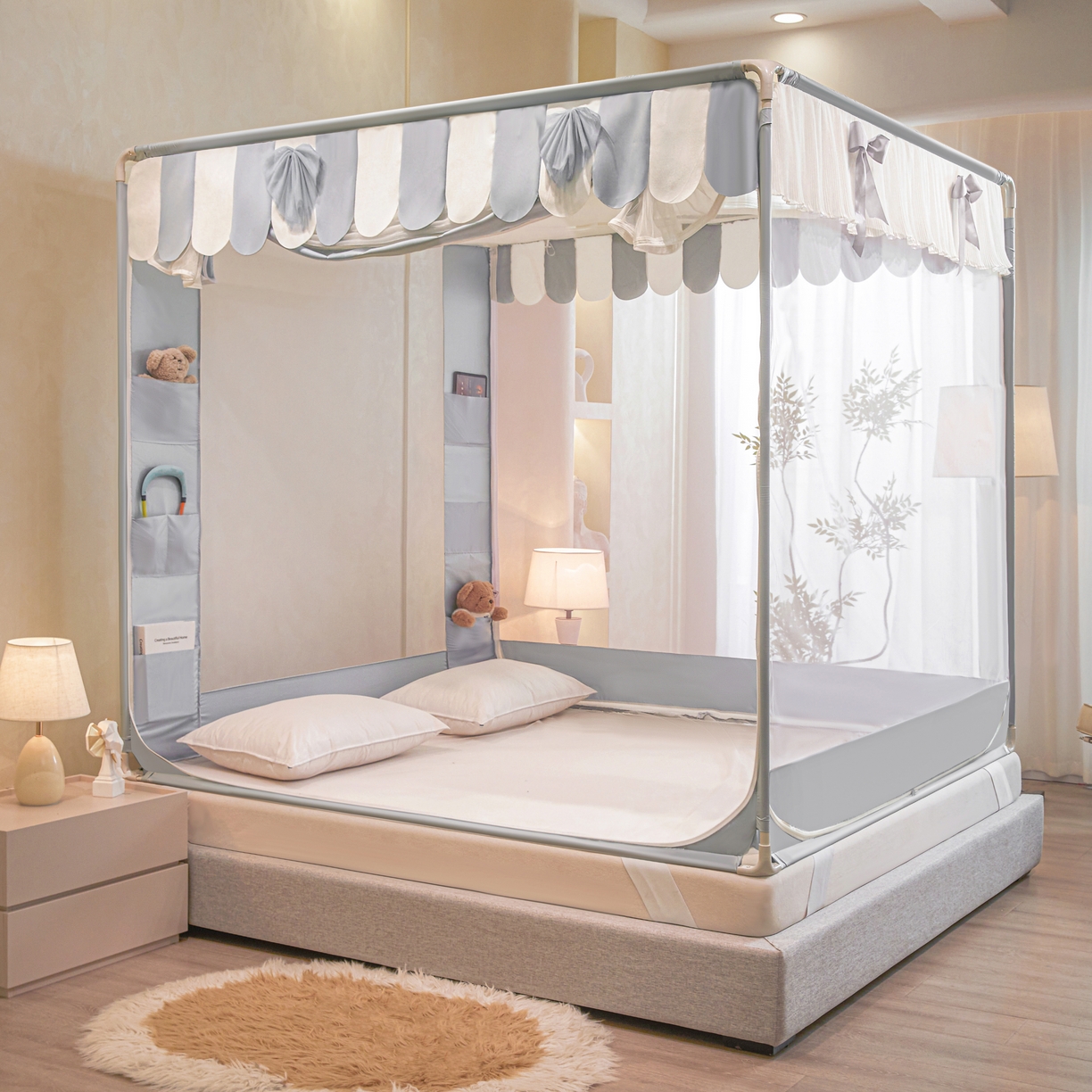 91家纺网 家纺一手货源 找家纺 富莱星蚊帐 2026新款双丝加厚网纱坐床蚊帐大力士围栏擎天柱支架-花样年华 花样年华-灰