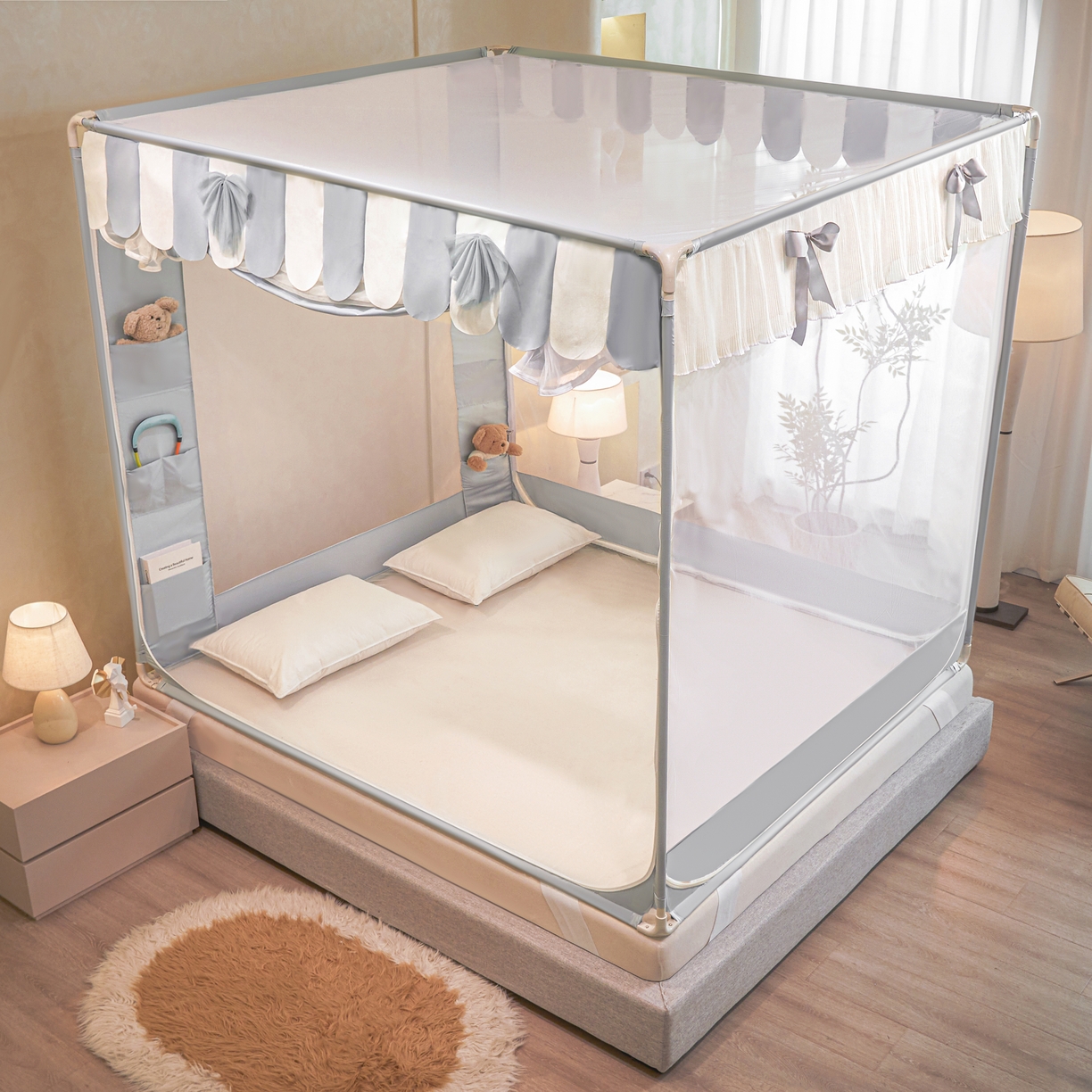 91家纺网 家纺一手货源 找家纺 富莱星蚊帐 2026新款双丝加厚网纱坐床蚊帐大力士围栏擎天柱支架-花样年华 花样年华-灰