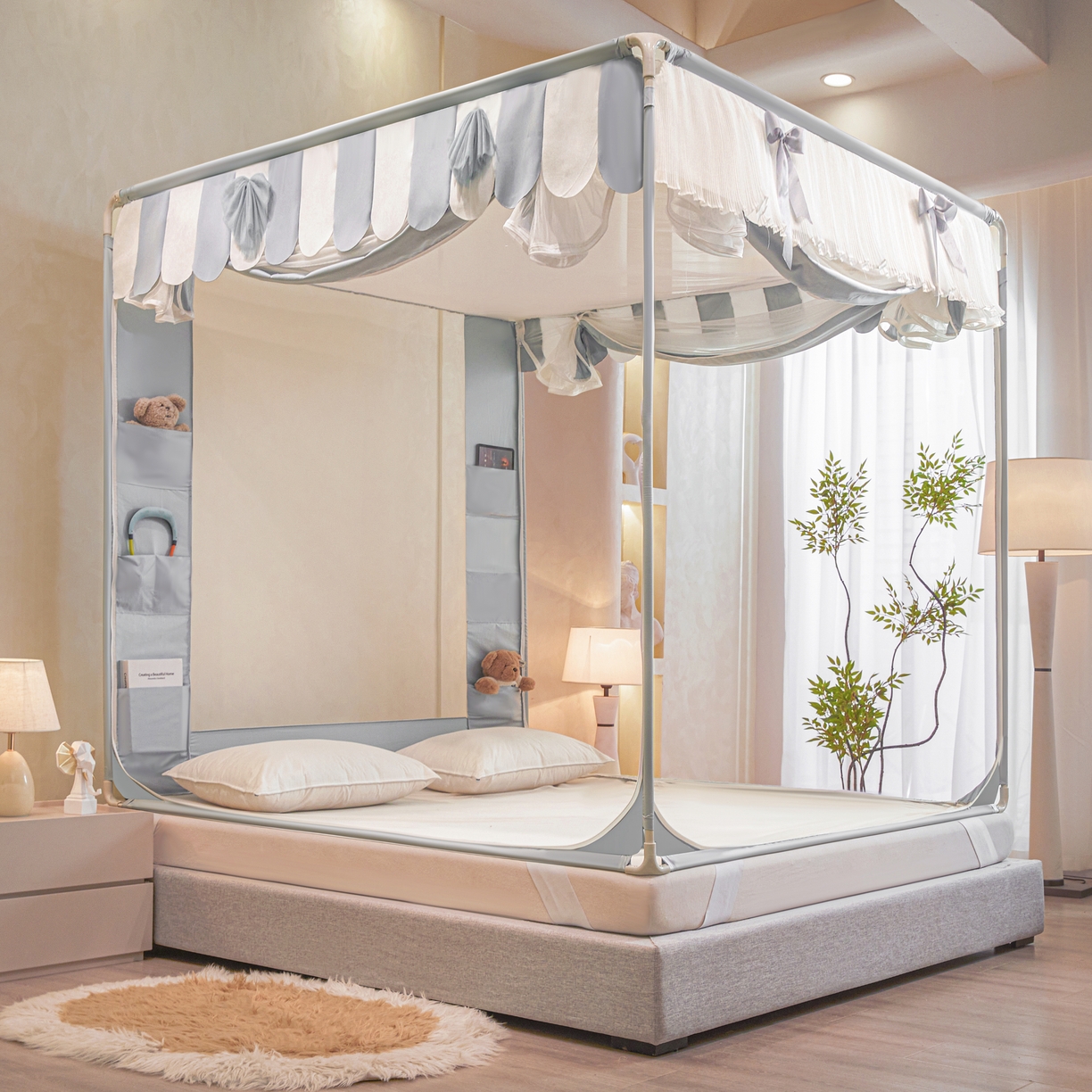 91家纺网 家纺一手货源 找家纺 富莱星蚊帐 2026新款双丝加厚网纱坐床蚊帐大力士围栏擎天柱支架-花样年华 花样年华-灰