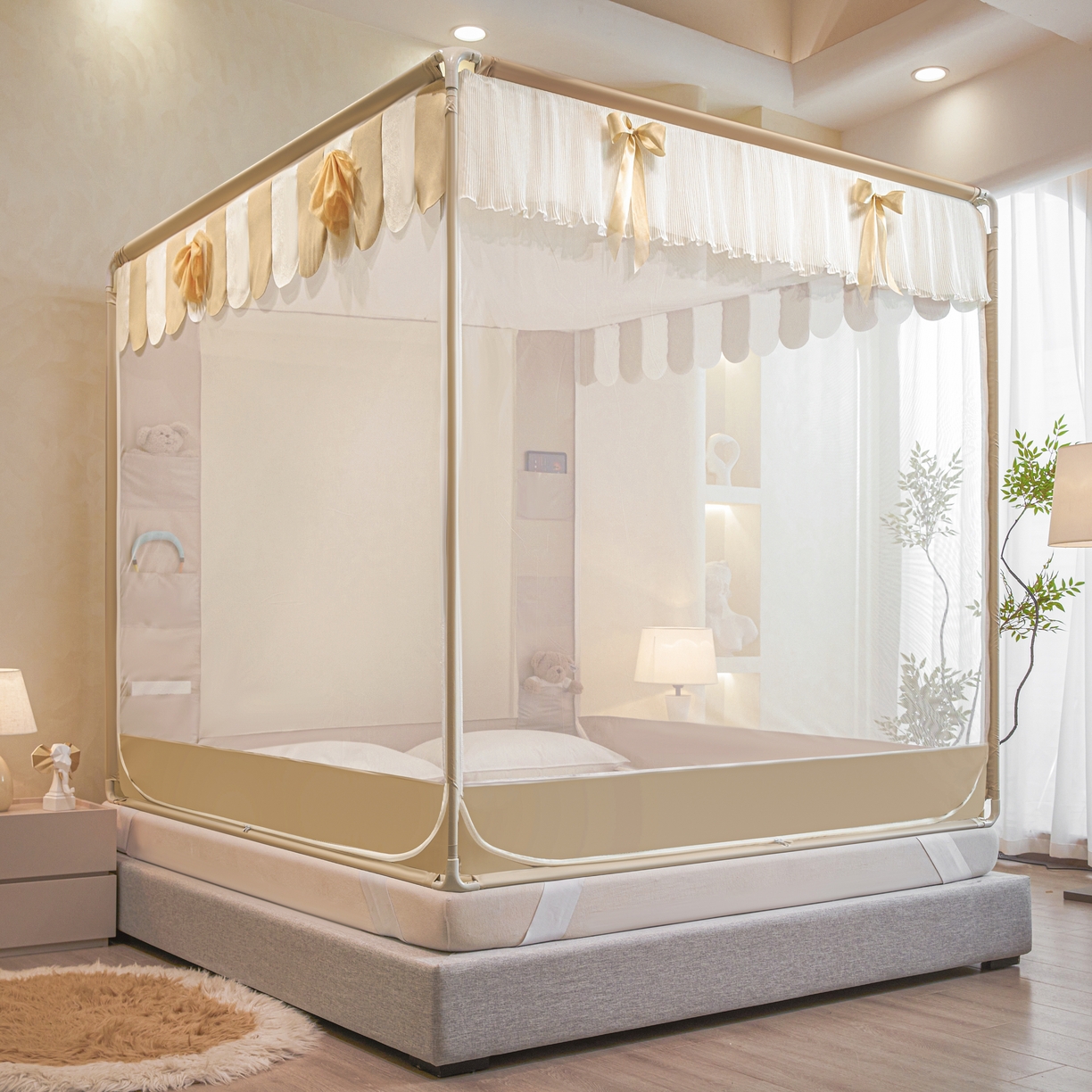 91家纺网 家纺一手货源 找家纺 富莱星蚊帐 2026新款双丝加厚网纱坐床蚊帐大力士围栏擎天柱支架-花样年华 花样年华-卡其