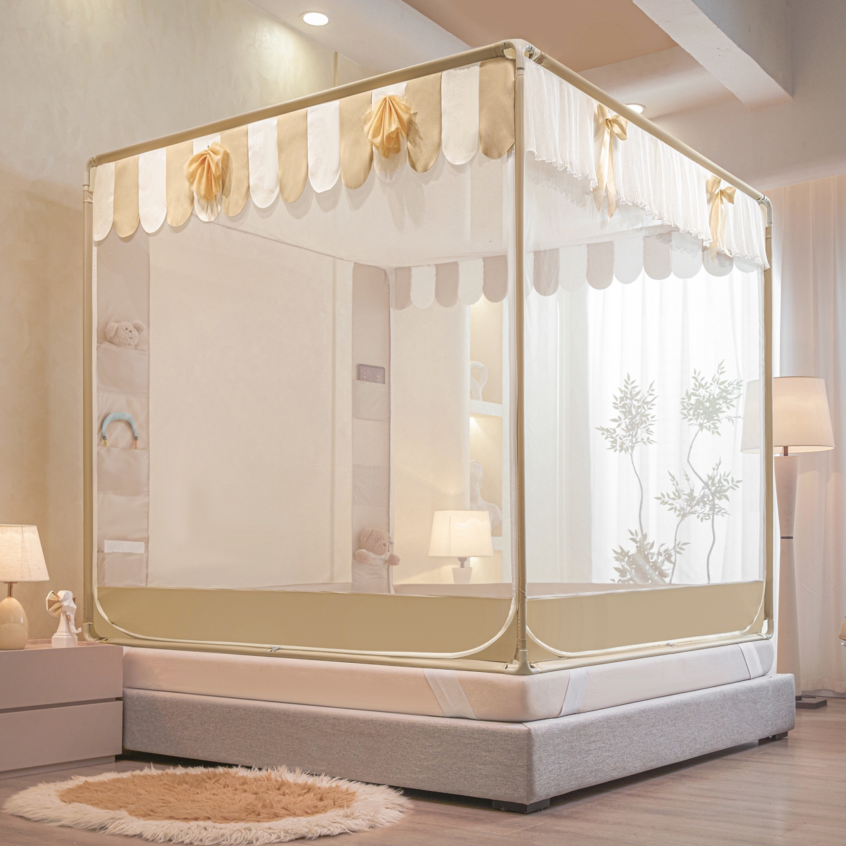 91家纺网 家纺一手货源 找家纺 富莱星蚊帐 2026新款双丝加厚网纱坐床蚊帐大力士围栏擎天柱支架-花样年华 花样年华-卡其