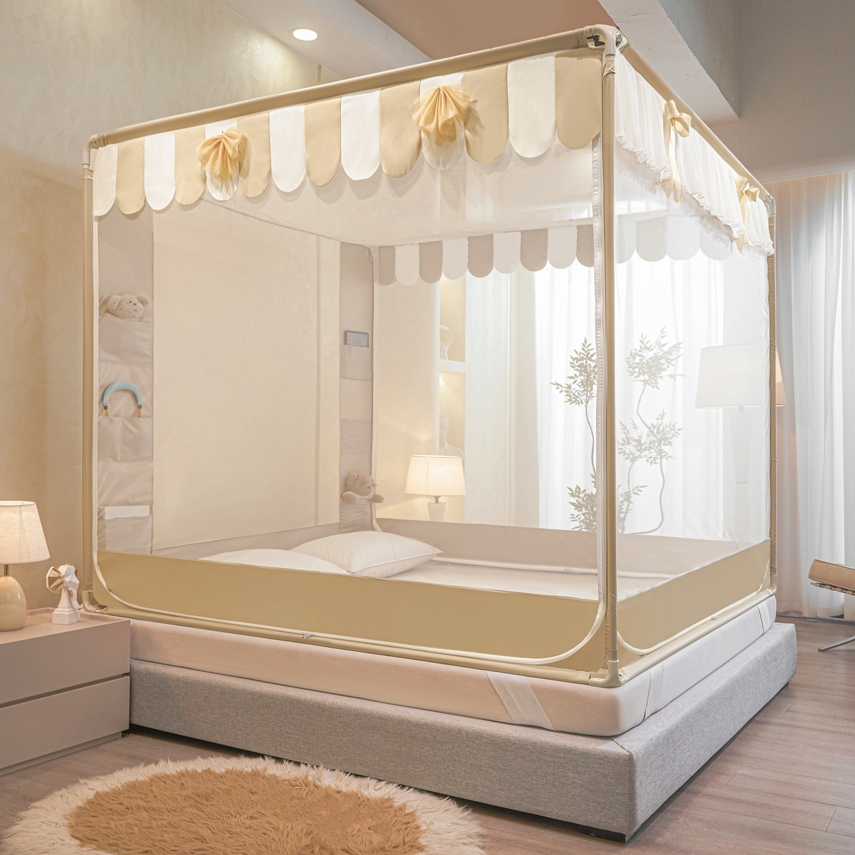 91家纺网 家纺一手货源 找家纺 富莱星蚊帐 2026新款双丝加厚网纱坐床蚊帐大力士围栏擎天柱支架-花样年华 花样年华-卡其