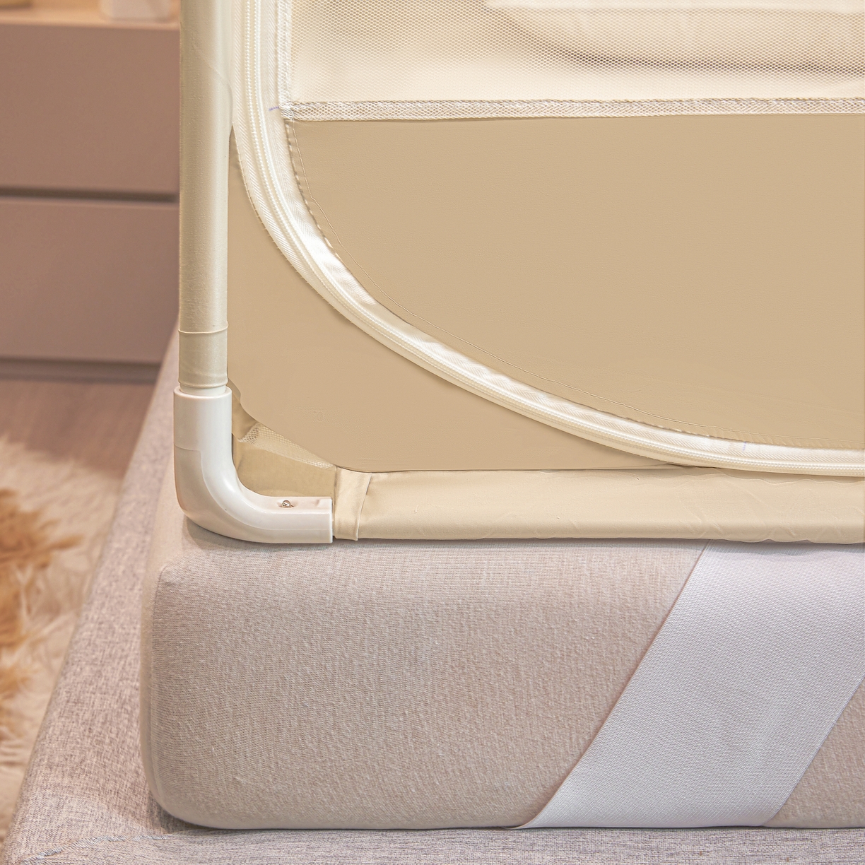 91家纺网 家纺一手货源 找家纺 富莱星蚊帐 2026新款双丝加厚网纱坐床蚊帐大力士围栏擎天柱支架-花样年华 花样年华-卡其