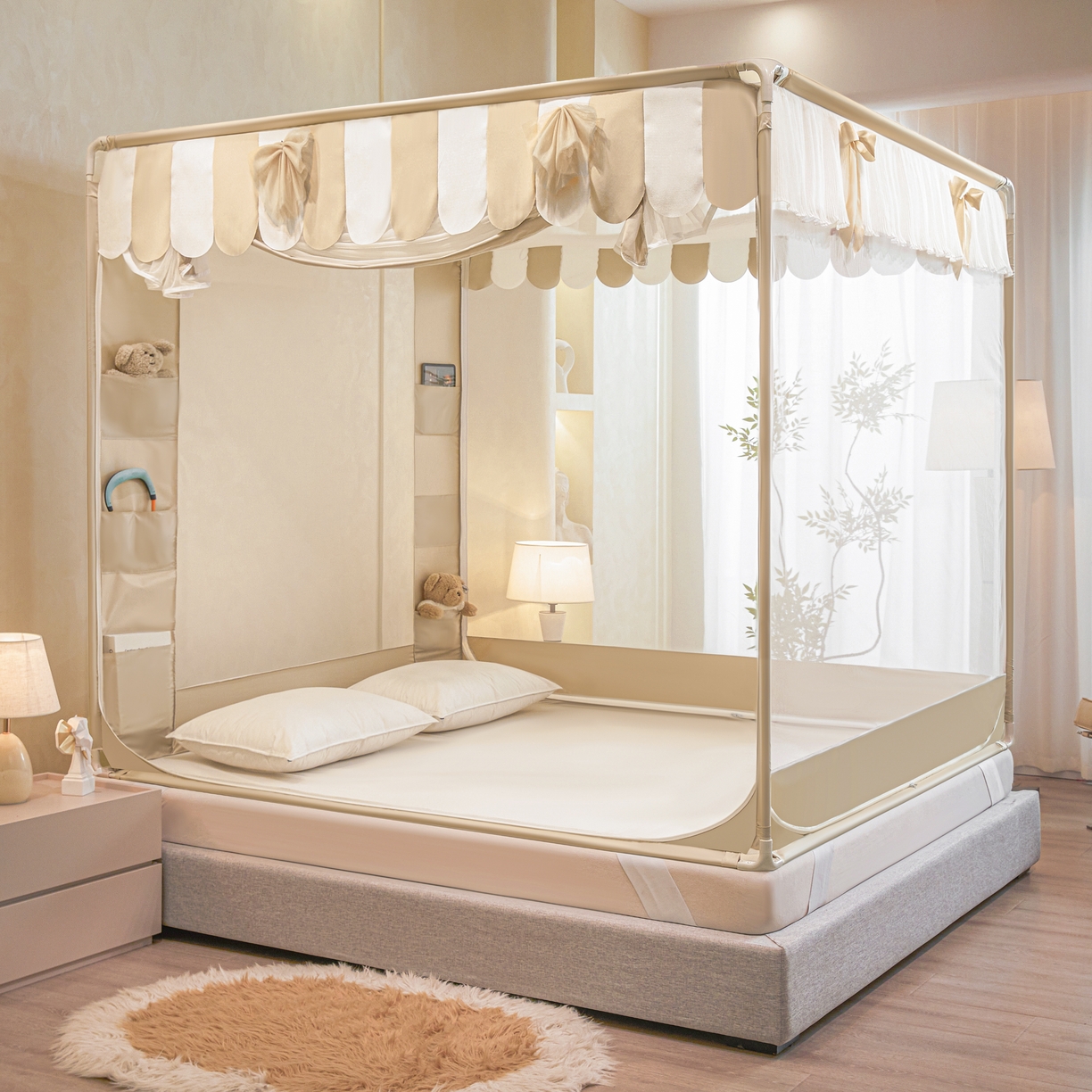 91家纺网 家纺一手货源 找家纺 富莱星蚊帐 2026新款双丝加厚网纱坐床蚊帐大力士围栏擎天柱支架-花样年华 花样年华-卡其