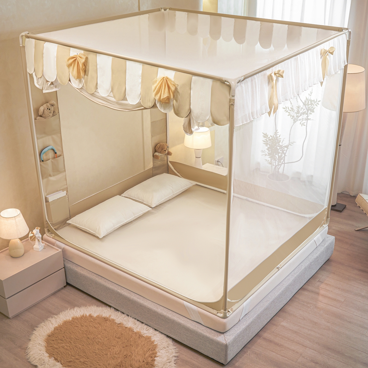 91家纺网 家纺一手货源 找家纺 富莱星蚊帐 2026新款双丝加厚网纱坐床蚊帐大力士围栏擎天柱支架-花样年华 花样年华-卡其