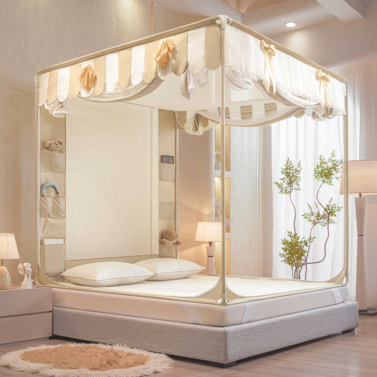 91家纺网 家纺一手货源 找家纺 富莱星蚊帐 2026新款双丝加厚网纱坐床蚊帐大力士围栏擎天柱支架-花样年华 花样年华-卡其